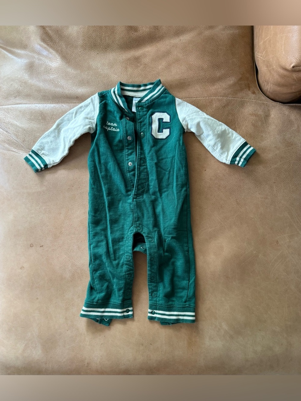 Carter's Baby Varsity Button-Down Jumpsuit Green Pockets Soft 12 Months